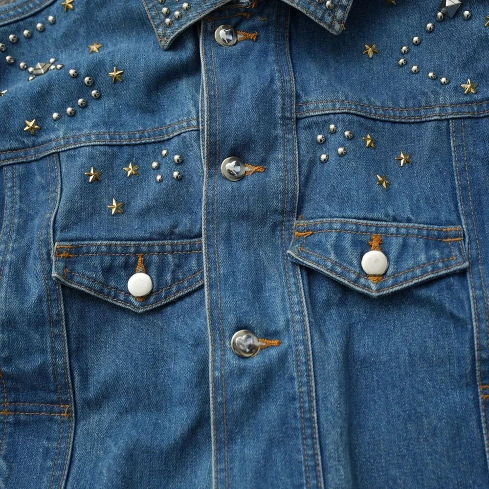 On The Verge Denim Jacket Women Vintage‎ Stars Hearts Pockets Blue Jean XL